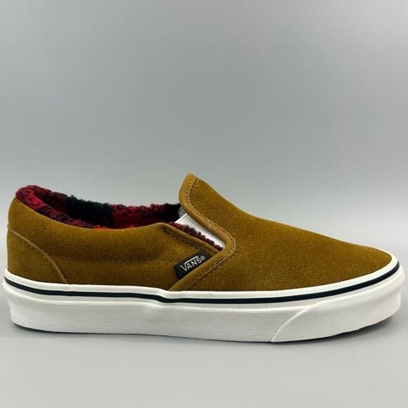 Vans Classic Slip On Cozy Hug Women Size 7 Brown Plaid Sherpa Skate Shoes NEW - Picture 1 of 6